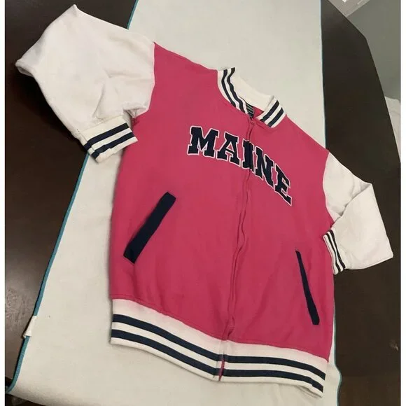 Women Girls Maine Spell Out Varsity Bomber Jacket Barbiecore Full Zip M 44”Chest - Picture 4 of 16